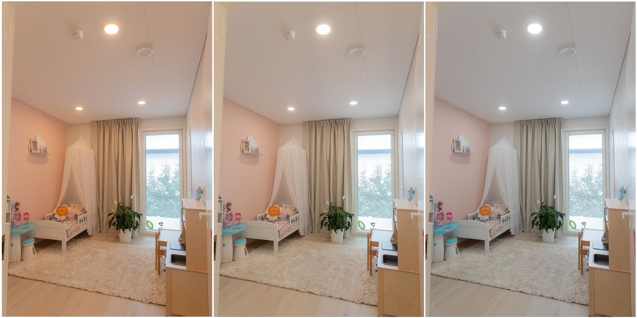 Three pictures of a children's room with different colour temperatures of light. From left to right: warm, neutral, cool.